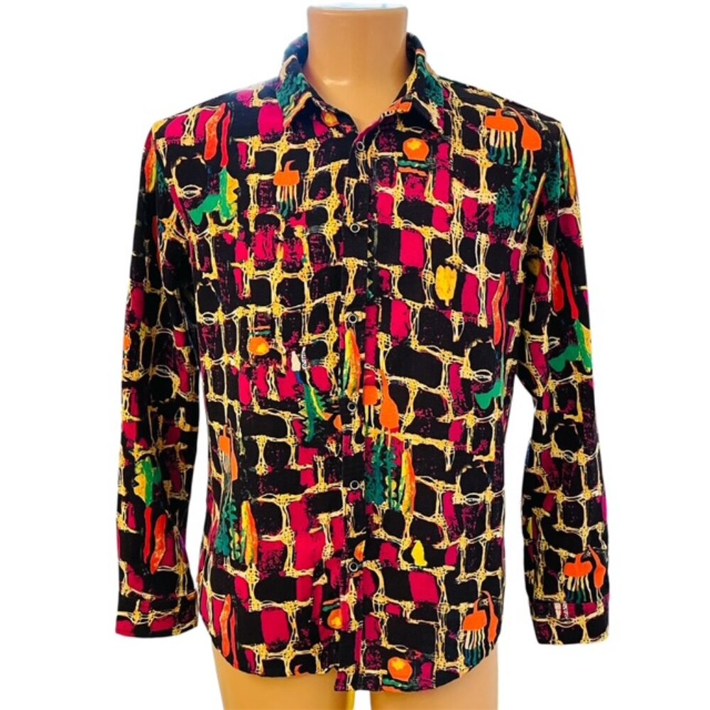 LucMatton LS Western Shirt Sz XL Geometric Veggies Coastal Cowboy Cotton Linen
